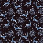 Eine nahtlose Illustration mit springenden Hirschen, silbernen Zweigen und Halbmondmotiven in einem nächtlichen Setting.