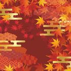 Keine Texte vorhanden. Eine Illustration mit roten und goldenen Ahornblättern und goldenen geometrischen Mustern.