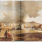 Illustration einer antiken Ruinenstadt mit Menschen im Vordergrund und einem rauchenden Vulkan im Hintergrund.