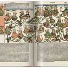 Historische Illustration mit einer Stammliste, mehreren Königspaaren und floralen Mustern. Text in gotischer Schrift.