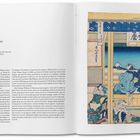 Yoshida am Tokaido. Eine Gruppe von Menschen ruht sich in einem Gasthaus aus, im Hintergrund ist der Berg Fuji sichtbar. Illustration.