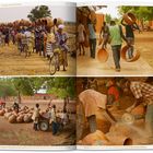 "Place – The Gando Projects – Primary School Library." Menschen tragen große Tontöpfe, stapeln sie und schneiden sie mit Werkzeugen.