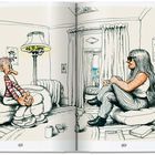 Doppelseitige Illustration: Links sitzt eine Person im gestreiften Pulli, rechts eine Person mit Sonnenbrille. Raum mit Bildern und Lampe.
