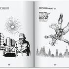 Logo mit "LOOSENING UP EXERCISES". Rechts ein Comic mit "DON'T WORRY ABOUT IT". Links Stadtbild, rechts fliegende Figur.