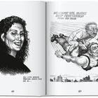 Links: Zeichnung einer lächelnden Frau, "Carol Vinson, Summer '92." Rechts: Karikatur zweier fliegender Personen, "AAHWI!"