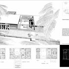 Variations on a Basic House. Zeichnung eines modernen Hauses, umgeben von Palmen. Grundrisse von Häusern unten abgebildet.