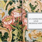Text: "CLASSICISM AND MODERNISM". Illustration von üppigen floralen Mustern in Grün-, Rot- und Beigetönen.