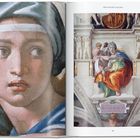 Links ein Gesicht mit besorgtem Ausdruck. Rechts eine sitzende Frau in farbenfroher Kleidung. Text: "THE SISTINE CEILING", "DELPHICA".