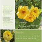 Text: Ich wünsche dir Frieden im Herzen. Kalender: September. 19.9. Eidgenössischer Bettag (CH), 20.9. Weltkindertag (D).

Links ein Gedicht über Frieden, rechts gelbe Rosen vor grünem Laub.