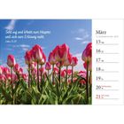 Zitat: "Seht auf und erhebt eure Häupter, weil sich eure Erlösung naht. Lukas 21,28." Kalender: März 2027. Tulpenfeld vor blauem Himmel.