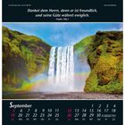 "Danket dem Herrn, denn er ist freundlich, und seine Güte währet ewiglich. Psalm 106,1." Wasserfall mit Regenbogen. Kalender: September.