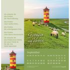Text: Irischer Segenswunsch und Kalender. Links Text über Frieden. Rechts gelber-roter Leuchtturm mit Schafen, "Getragen und geschützt".