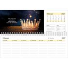 Zitat: "Jeder, der dir dient, wird nach der Anfechtung gekrönt und aus der Trübsal erlöst. Tobías 3,22." Kalender für Februar 2027, zeigt eine goldene Krone.