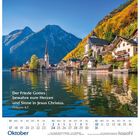 "Der Friede Gottes bewahre eure Herzen und Sinne in Jesus Christus. Philipper 4,7." Kalender für Oktober. Malerische See- und Dorfansicht.
