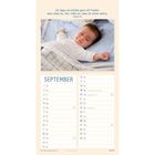 "Inschrift oben: 'Ich liege und schlafe... sicher wohne. Psalm 4,9'. Foto eines schlafenden Babys, darunter Kalender für September."