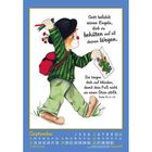 Text: „Gott befiehlt seinen Engeln, dich zu behüten auf all deinen Wegen...“. Illustration eines Kindes mit Hut und Rucksack.