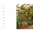 Text: "April", "5 Montag", "6 Dienstag", "Ich habe meine Mitte gefunden..." Garten mit Pflanzen und altem Stuhl.