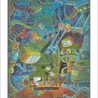 Ein belebtes, farbenfrohes Bild mit Robotern, die Schach spielen. Texte auf Bildschirmen, Kalenderblatt "09".