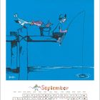 Kalenderseite für September, kindliche Illustration: Kind angelt, Möwe zieht Fisch aus einem Eimer.