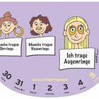 Texte: "Manche tragen Ohrringe.", "Manche tragen Nasenringe.", "Ich trage Augenringe." Darunter ein Kalender für KW 35.