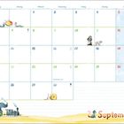 Kalenderblatt für September mit Wurm und Apfel-Illustrationen. Datumseinträge und kleine Mondphasen-Symbole sind vorhanden.