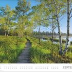 Kalender für September; Pfad aus Holzbrettern, umgeben von grünen Bäumen, führt an einem ruhigen See entlang.