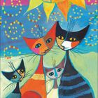 Kalenderblatt mit September-Daten. Illustration: Vier bunte Katzen unter einer Sonne mit Augen.