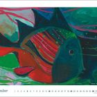 Text "September" unten links, darunter Kalenderdaten. Farbenfrohe Fischillustration mit kräftigen Blau-, Rot- und Grüntönen.