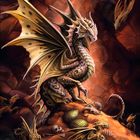 Kalender vom 1. bis 30., Illustration eines majestätischen Drachens mit Eiern und mehreren kleinen Drachen in einer Höhle.