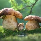 Text: "September." Darunter ein Kalender. Eine kleine Maus sitzt zwischen zwei großen Pilzen auf moosigem Untergrund.
