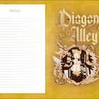 Text: "Notizen" und "Diagon Alley". Illustration: Detailreiches Design mit Säulen, zwei Eulen und floralen Elementen.