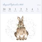 Kalender: August/September 2021, Woche 35. Illustration: Ein Hase sitzt mit etwas grünem Gras im Maul.
