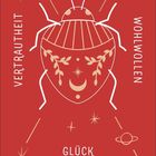 "Der Marienkäfer", "Zufriedenheit und Freude ausstrahlen", "Vertrautheit", "Wohlwollen", "Glück", "September". Rotes Kalenderdesign mit Marienkäfer-Illustration.