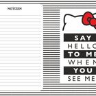 Links steht "NOTIZEN" über einem leeren Notizfeld. Rechts der Text: "SAY HELLO TO ME WHEN YOU SEE ME!" mit einem roten Schleifenlogo.