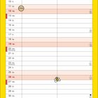 Kalendarium mit Wochentagen und Daten. Illustration von Katze mit roter Schleife unten, gelber Hintergrund.