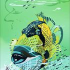 Illustration eines farbenfrohen Fisches in einem grünen, aquatischen Hintergrund. Links unten steht "09".