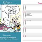 Text: „Hallo Mama. Passt du heute Vormittag auf deine Enkel auf?“ Daneben ein Kalender für Februar 2027. Links eine Illustration mit einer Frau und Kindern. Unten: „Bauernregel: Hat der Valentin viel Regenwasser, dann wird der Frühling noch viel nasser.“