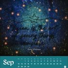 "Vision is the art of seeing things invisible." - Emily Dickinson. Kalender für September mit Wald und Lichtpunkten.