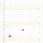 Kalender für September. Illustration: Figur sitzt neben einem Igel. Schnecken sind verteilt.