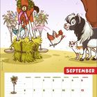 Kalenderseite: September mit illustrierten Hühnern, einem Fohlen, das eine "1" trägt, und umgeben von einem beigen Hintergrund.