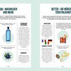 **Linke Seite:**

- Titel: **Gin – Wacholder und mehr**
- Text: Herstellung und historische Infos über Gin.
- Bild: Blaue Flasche und Wacholderbeere.

**Rechte Seite:**

- Titel: **Bitter – Die Würze der Cocktailkunst**
- Text: Herstellung und Geschichte von Bitter.
- Bild: Cocktailglas und Gewürze.