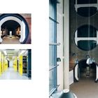 Landesarchiv NRW. Links oben: runde Türöffnung mit Ausstellungsbereich. Links unten: gelbe Archivregale. Rechts: Halle mit runden Fenstern.