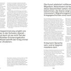 "Kriegserinnerung umgibt uns hier, in der Schweiz, überall – und doch ist sie nicht Teil der offiziellen Erinnerungskultur."   
"Die Kunst zelebriert mittlerweile die Migration, fetischisiert sie fast."  
"Krieg kann Sprache sein, und er beginnt meistens dort."   
Seitenzahlen: 112, 113.
