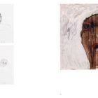 Links zwei Skizzen, rechts abstraktes Gemälde mit dunkler, gesichtsartiger Form auf hellem Hintergrund. Texte: „Ohne Titel“ und Maße.