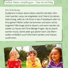 Text: Bestens besucht. Selbst Gäste empfangen – Das ist wichtig. Die Einladung. Bild: Drei Kinder mit Partyhüten, lachend beim Essen.