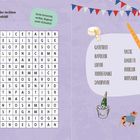 Wortgitter: Finde die Begriffe im Buchstabenbild. Liste: Camembert, Napoleon, Louvre und mehr. Illustrationen: Baguette, Fahrrad.