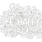 „BE HAPPY“ ist in großen Buchstaben geschrieben. Darum herum sind verspielte, fröhliche Figuren und Objekte gruppiert.