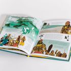 Zwei Buchseiten mit dem Titel "Eroberung und Widerstand". Links grüne Inseln, rechts geschichtliche Illustrationen.