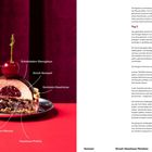 Haselnuss-Mousse, Schokoladen-Glasur, Kirsch-Kompott, Frische Sauerkirschen. Links: ein aufgeschnittenes Dessert. Rechts: Rezept.