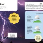 Gewitter: Blitze verzweigen sich, Wow! Blitze 28.000°C. Wetterbeobachtung: Täglich 40.000 Gewitter. Pass auf: Schutz suchen.